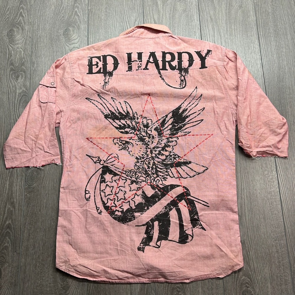 Ed Hardy Mens XL Pink Eagle Rhinestone Button Up Shirt Distressed 3/4 Sleeve Y2k
